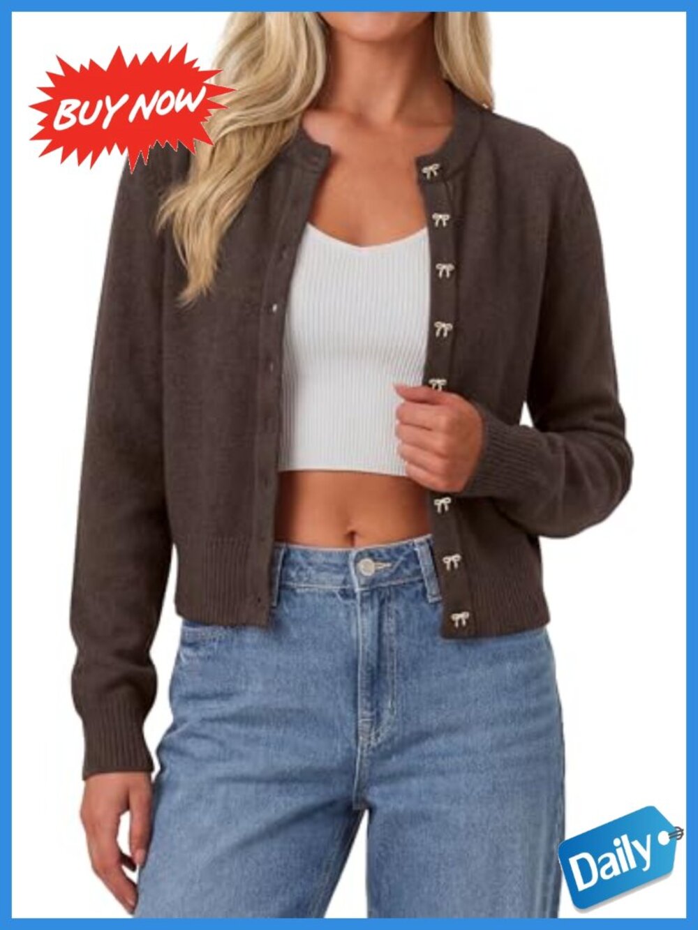 Womens Cropped Bow Button Up Cardigan Sweater Crew Neck Knit